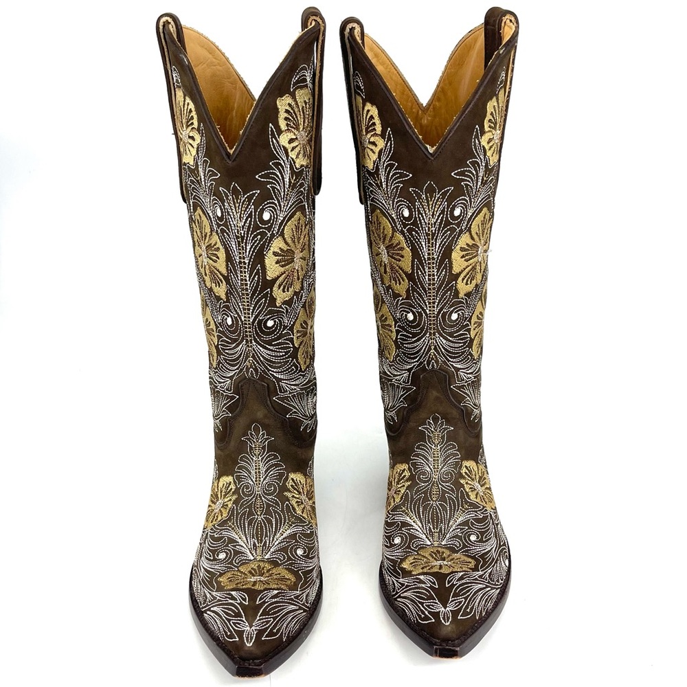 ✨Old Gringo Brown Leather Embroider Tan Butter Yellow Floral Heel Boot 6.5 Rodeo - Picture 2 of 16